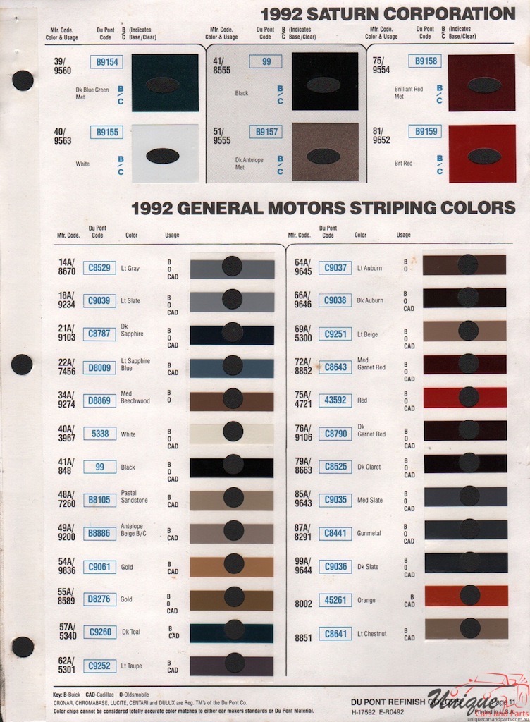 1992 GM GEO LeMans Saturn Paint Charts DuPont 4